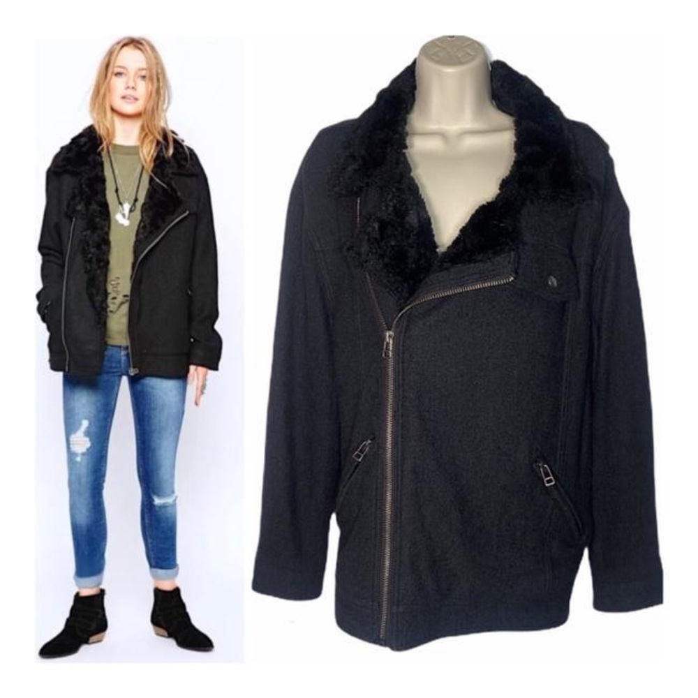Free People Olive Wool Blend Utility Moto Motorcycle Military Bomber Jacket Coat - Picture 7 of 15